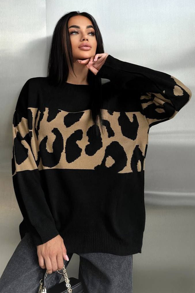Colorblock Leopard Knit Sweater