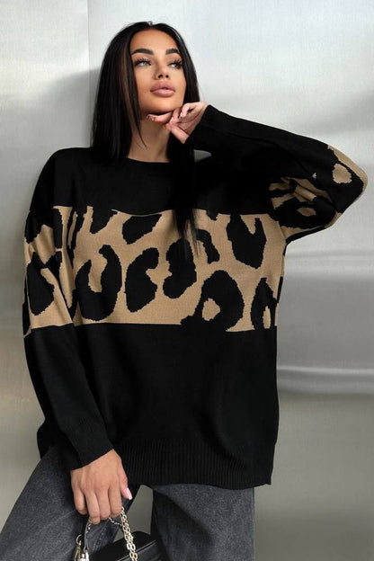 Colorblock Leopard Knit Sweater