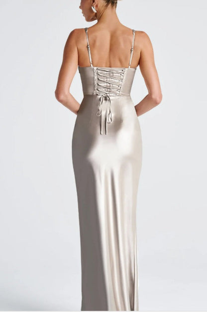 V-Neck Bone Detail Silk Dress