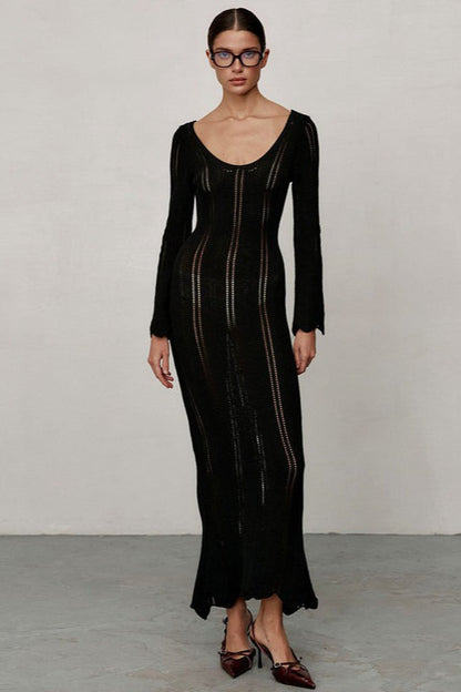 U Neck Long Sleeve Knit Work Dress