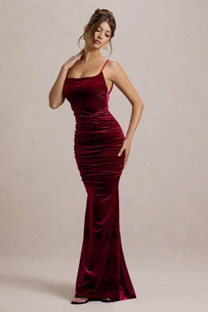 Velvet Ruched Low-Back Party Dress