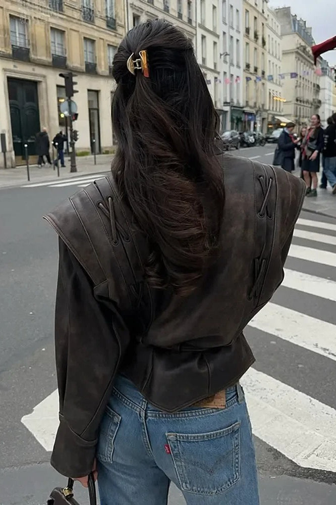 Vintage V-neck Belted Faux Leather Jacket