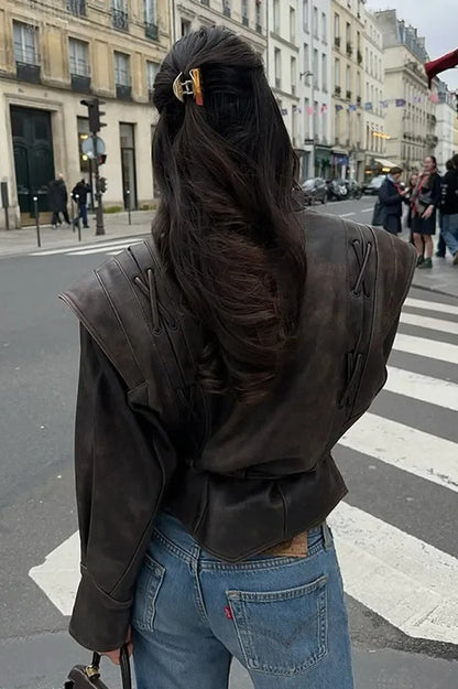 Vintage V-neck Belted Faux Leather Jacket