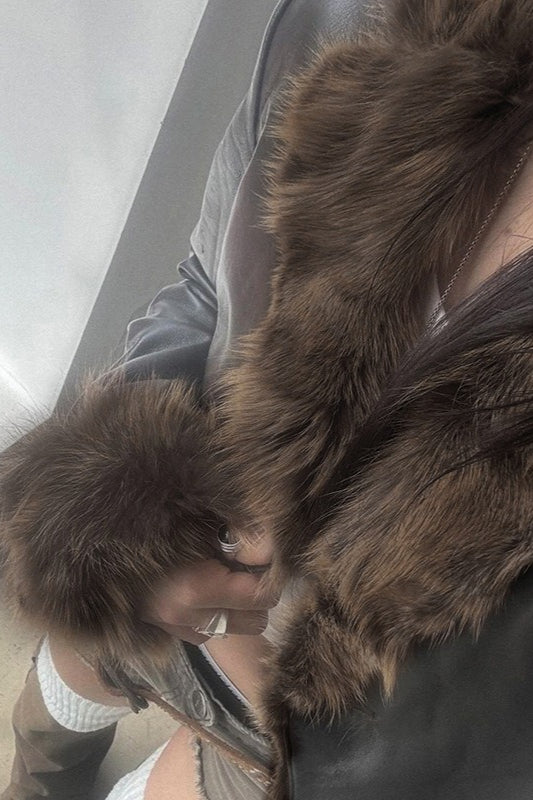 Faux Leather Fur Collar Coat