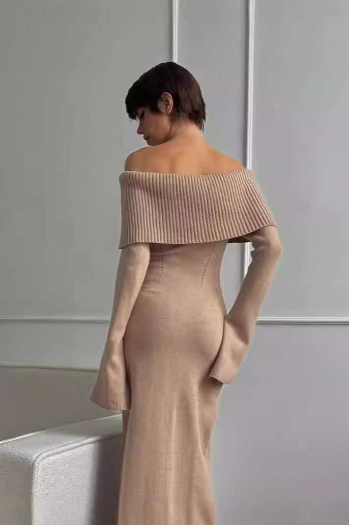 Collared Off-Shoulder Sexy Knit Sweater Dress