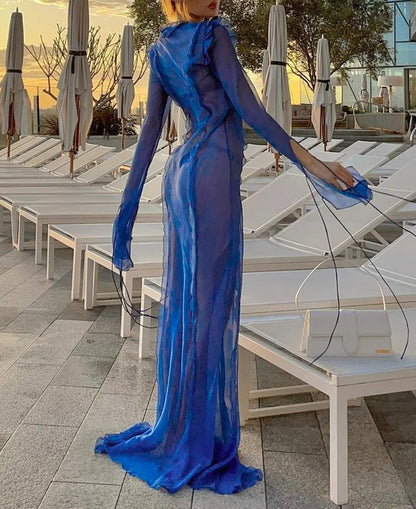 Ruffle V-neck Bandage Slit Maxi Dress