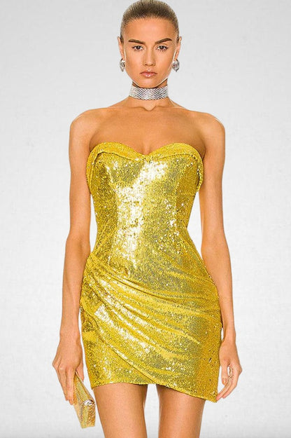 Slim Backless Sequin Strapless Ruched Sequin Dress