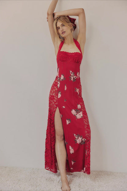 Elegant Floral Spaghetti Strap Maxi Lace Dress