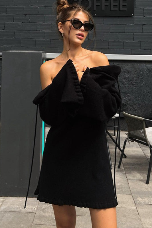 Woolen Backless Tie Detail Flared Sleeve Solid Sweater Dress