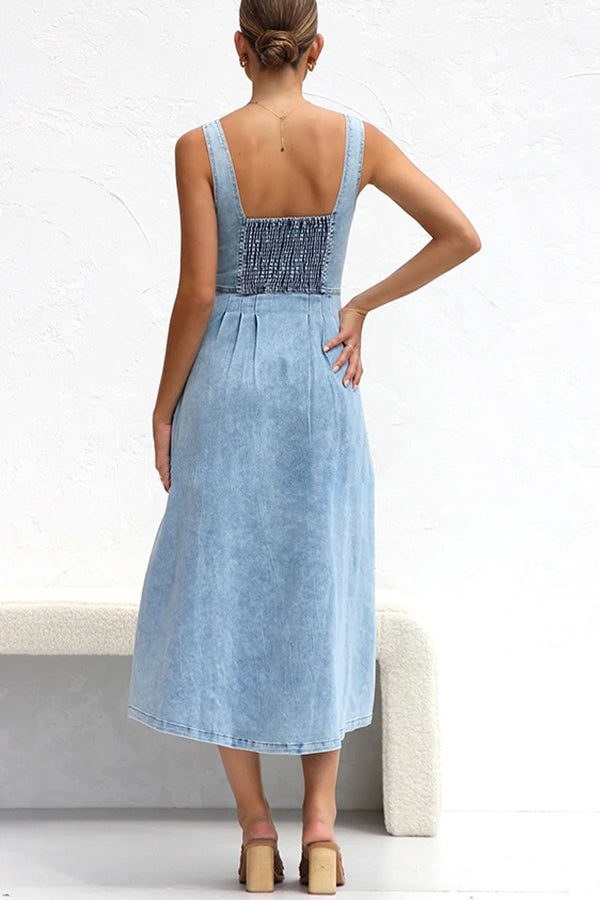 High Waist A-Line Denim Dress