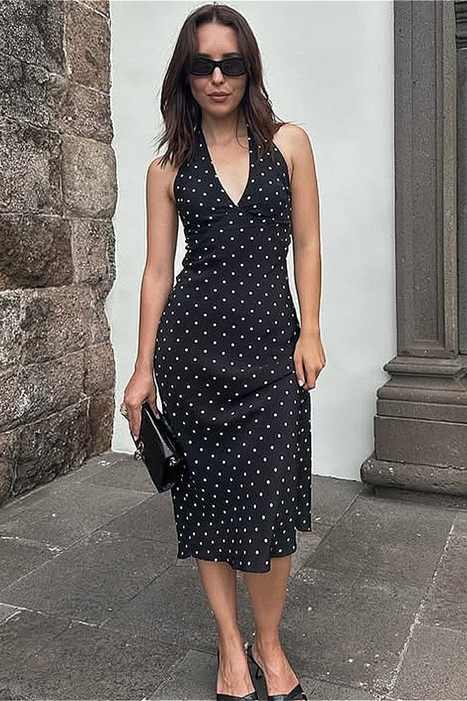 Polka Dot Halter Backless Maxi Dress