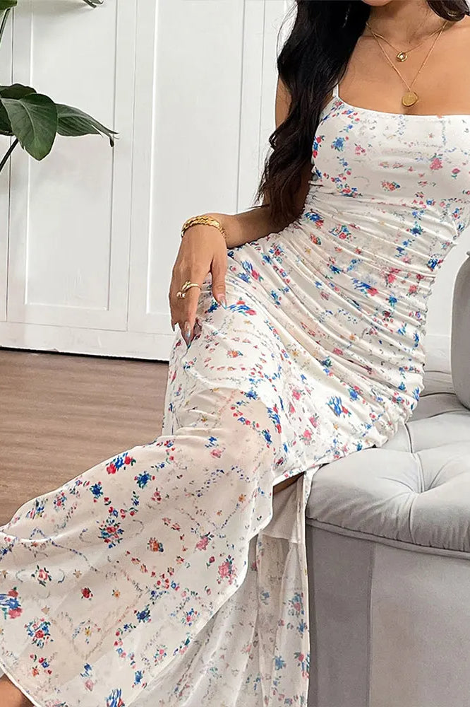 Spaghetti Strap Backless Floral Dress