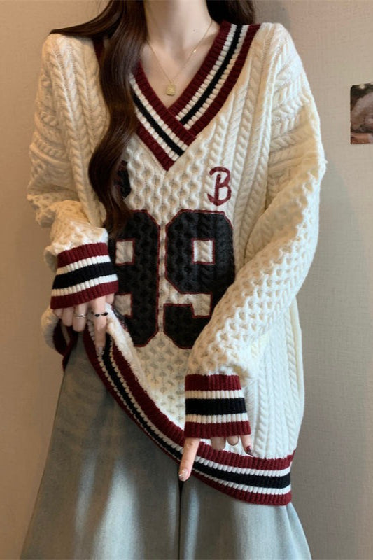 Contrast V-Neck Plus Size Sweater