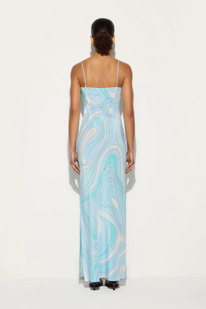 Sexy Printed Satin Cami Slit Silk Dress