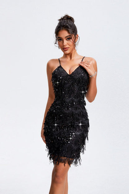 Tassel Sleeveless Party Rhinestone Sequin Dress