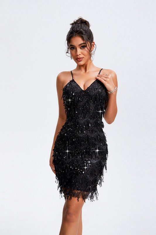 Tassel Sleeveless Party Rhinestone Sequin Dress