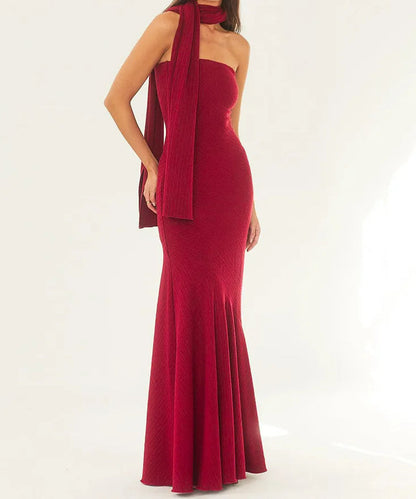 Scarf Strapless Pleated Maxi Dress