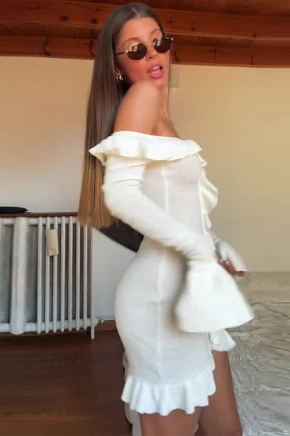 Ruffled Off-Shoulder Chic Bodycon Mini Sweater Dress
