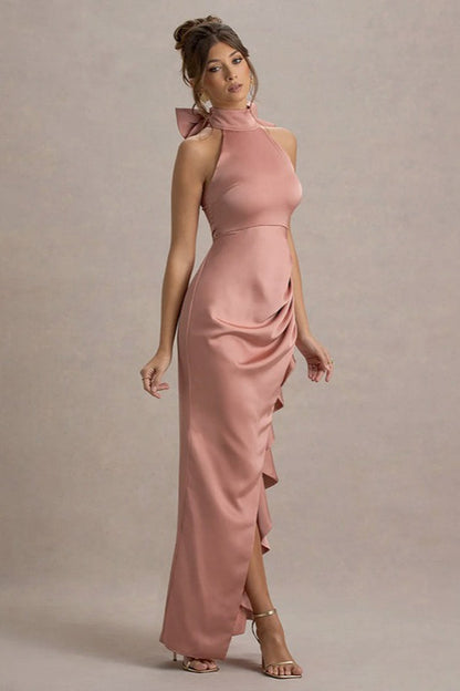 High-Neck Lace Slit Party Dress