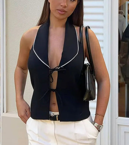 Women Summer Street Style Backless Tank Bow Blouse