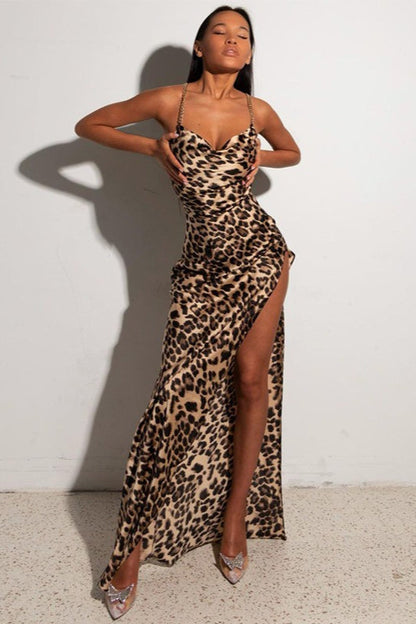 Leopard Chain Low-Back Party Dress