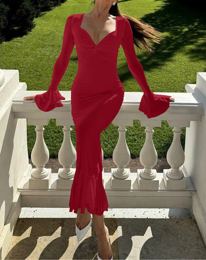 Flare Sleeve Ruched Ruffle Maxi Dress