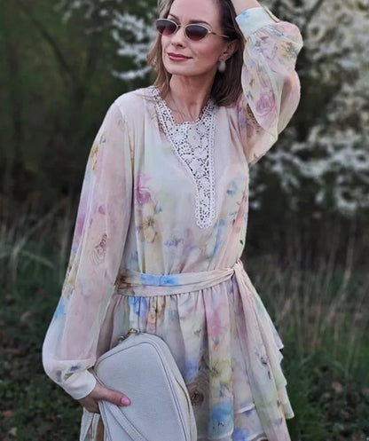 Bow Belt Long Sleeve Floral Dress