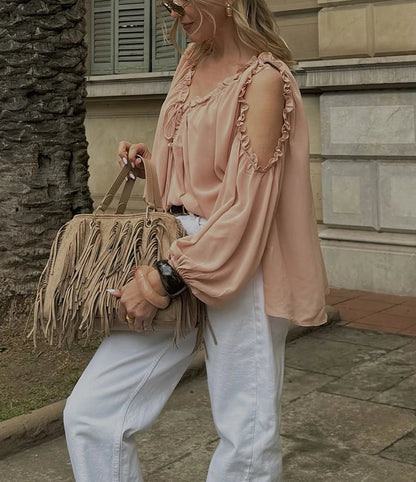 Women Summer Versatile V-neck Lace-up Chiffon Blouse