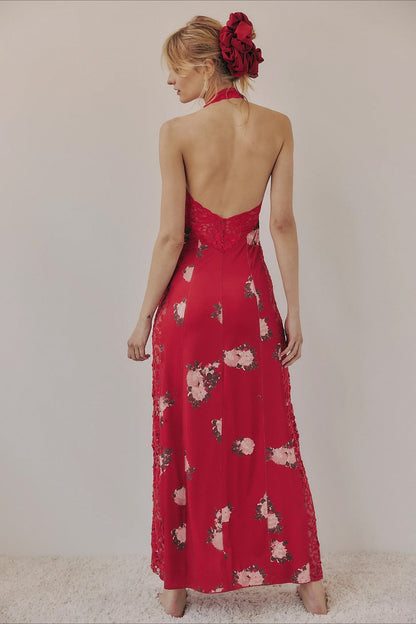 Elegant Floral Spaghetti Strap Maxi Lace Dress