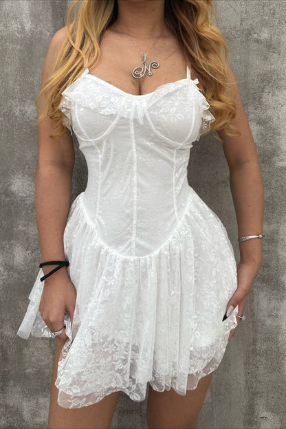 Sexy Solid V Neck Ruffled Lace Dress