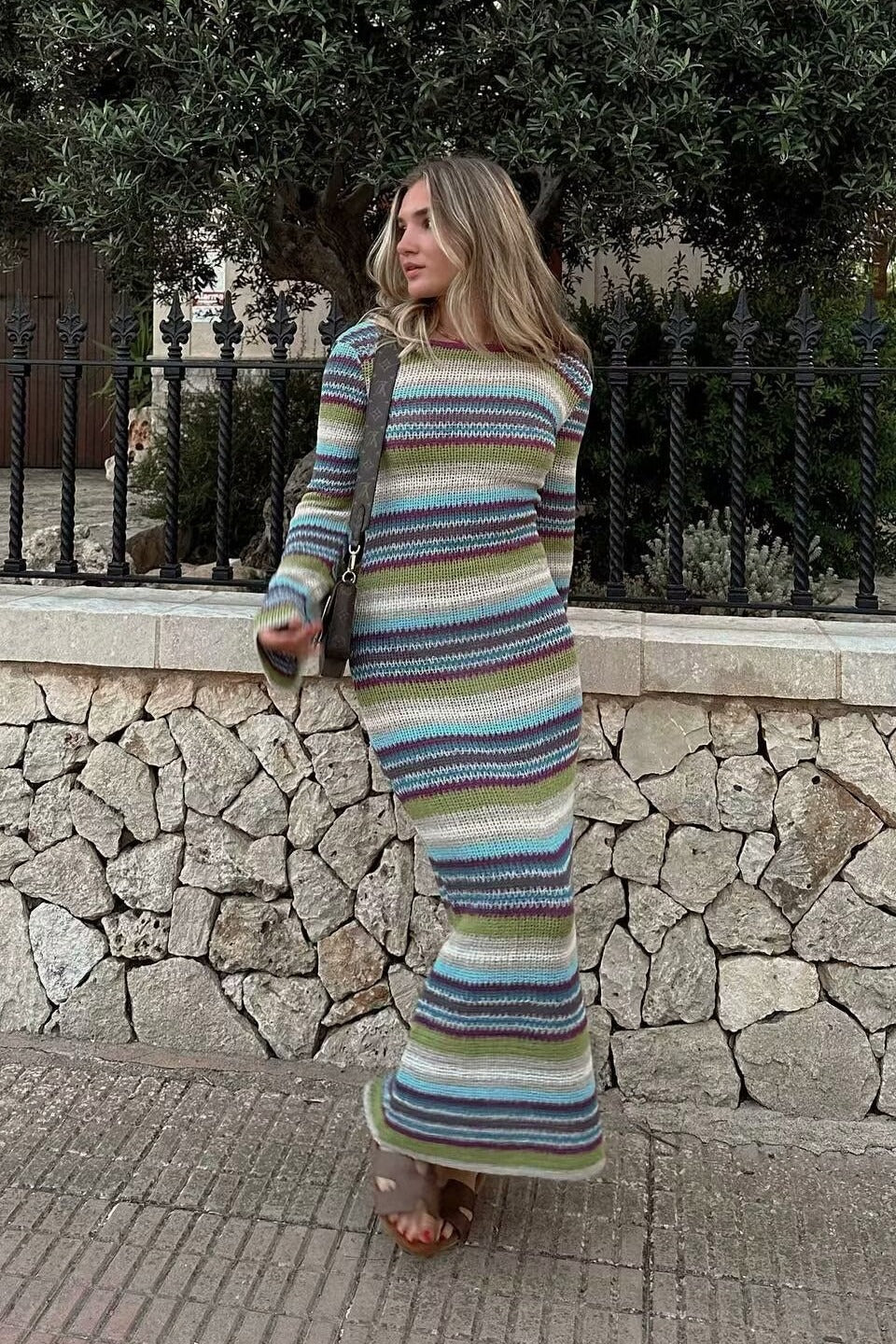 Slim Striped Long Sleeve Knit Fashionable Sweater Dress