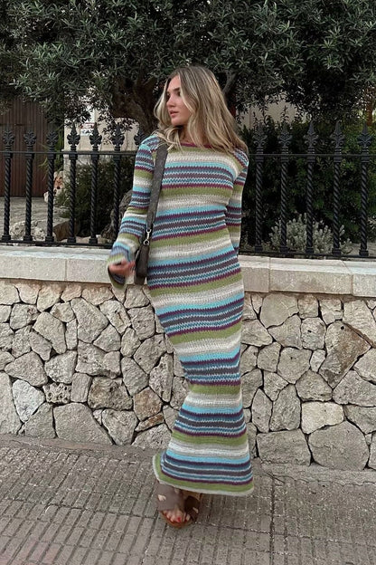 Slim Striped Long Sleeve Knit Fashionable Sweater Dress