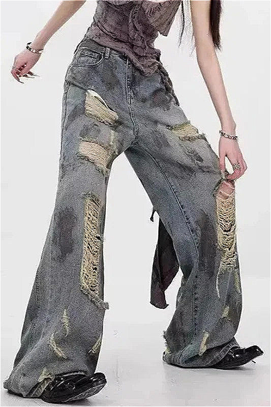 Ripped Mid Rise Straight Leg Jeans