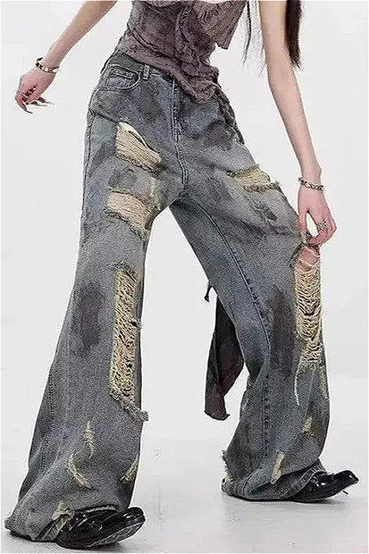 Ripped Mid Rise Straight Leg Jeans