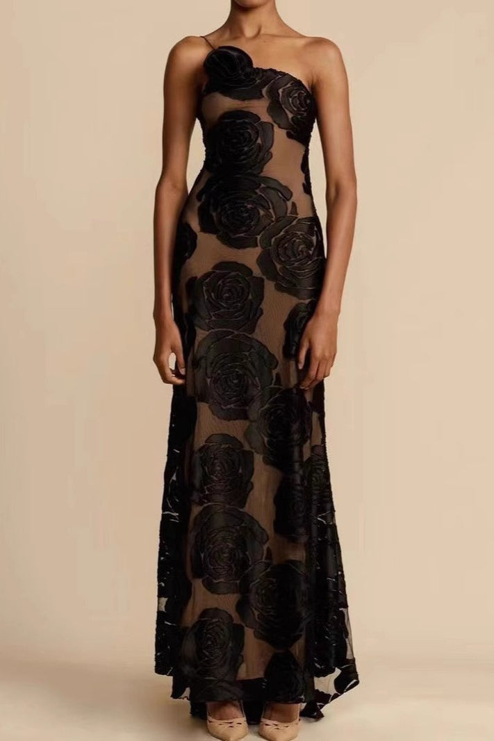 Sexy Burnout Spaghetti Strap Asymmetric Floral Formal Dress