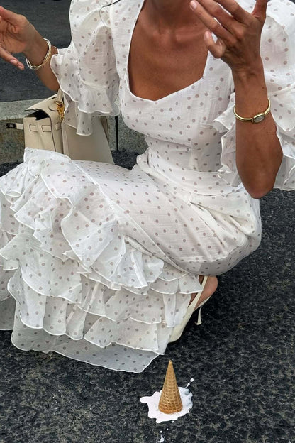 White Puff Sleeve Ruffled Bodycon Maxi Dress