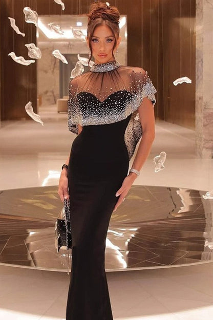 Luxury Beaded Rhinestone Shawl Sleeveless Formal Dress