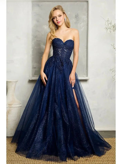 Navy Blue Lace Tulle Prom Dress