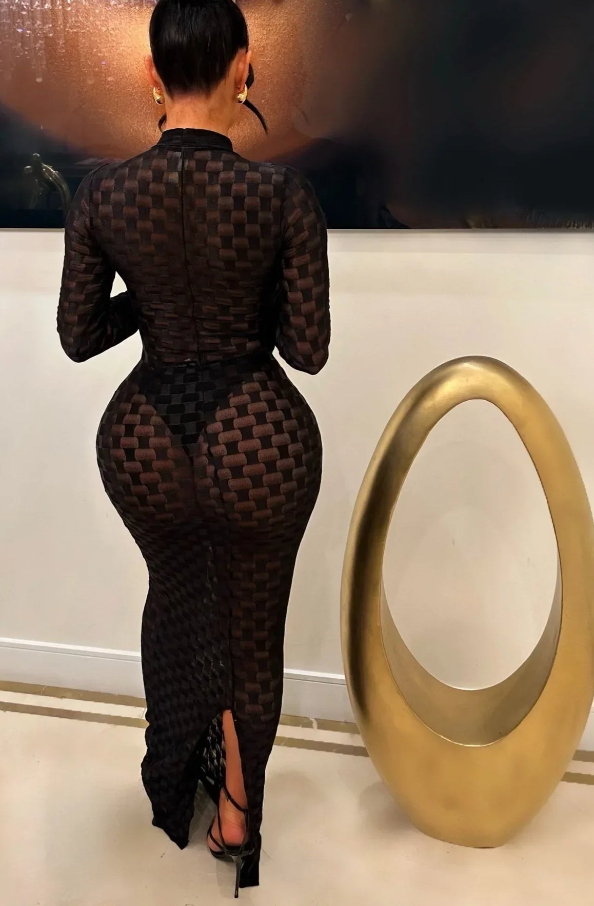 Plaid Mesh Bodycon Maxi Dress