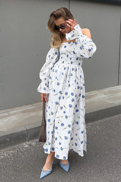 Vintage Ruffle Midi Side Slit Floral Dress