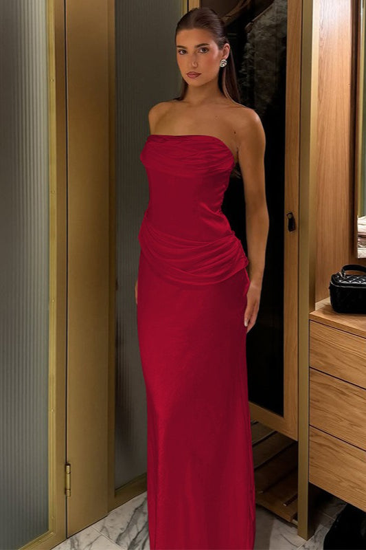 Solid Satin Ruched Slim Strapless Formal Dress