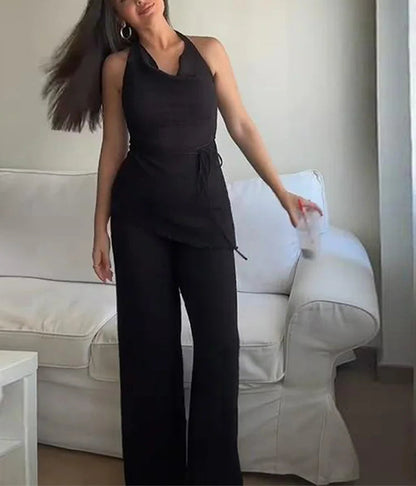 Lace-Up Halter Wide Leg Suit
