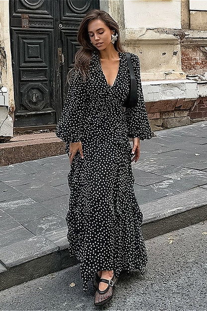 Vintage V-Neck Polka Dot Puff Sleeve A-Line Maxi Dress