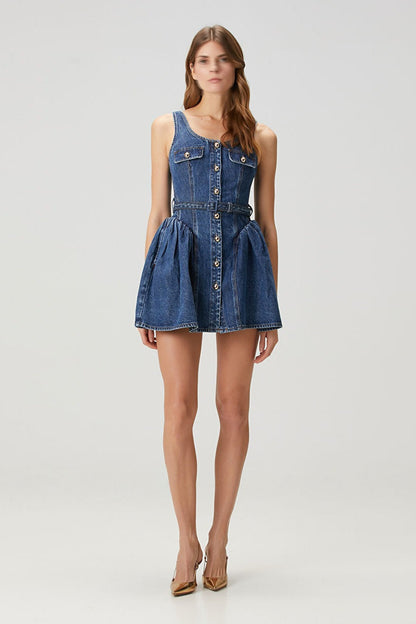 Belted Cami Button Front Denim Dress