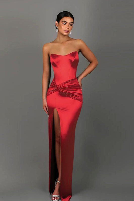 Twist Front Satin Slit Party Dress