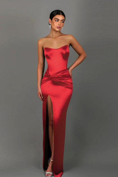 Twist Front Satin Slit Party Dress