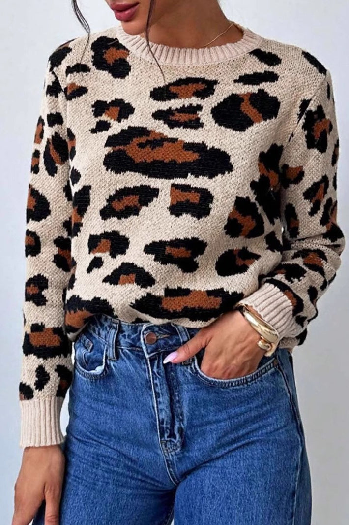 Contrast Leopard Crew Neck Sweater