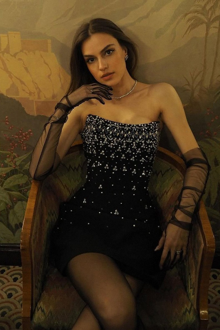 Elegant Slim Rhinestone Strapless Waist Bandage Cocktail Dress