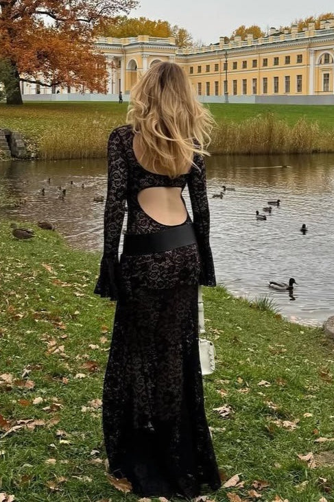 Sexy Bell Sleeve Backless Lace Dress