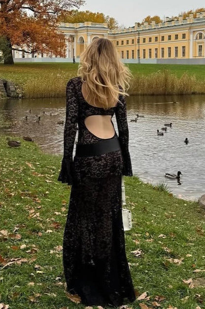Sexy Bell Sleeve Backless Lace Dress